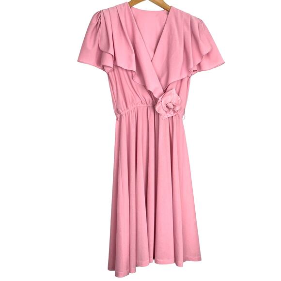 Vintage | 70s Pink Draped Dress Grecian Style Movable Flower - Picture 1 of 10